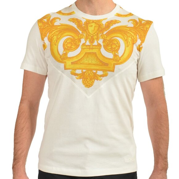 Versace Men's White & Gold Heritage Logo Print Short Sleeve T-Shirt US 2XL IT 56 - Picture 1 of 6
